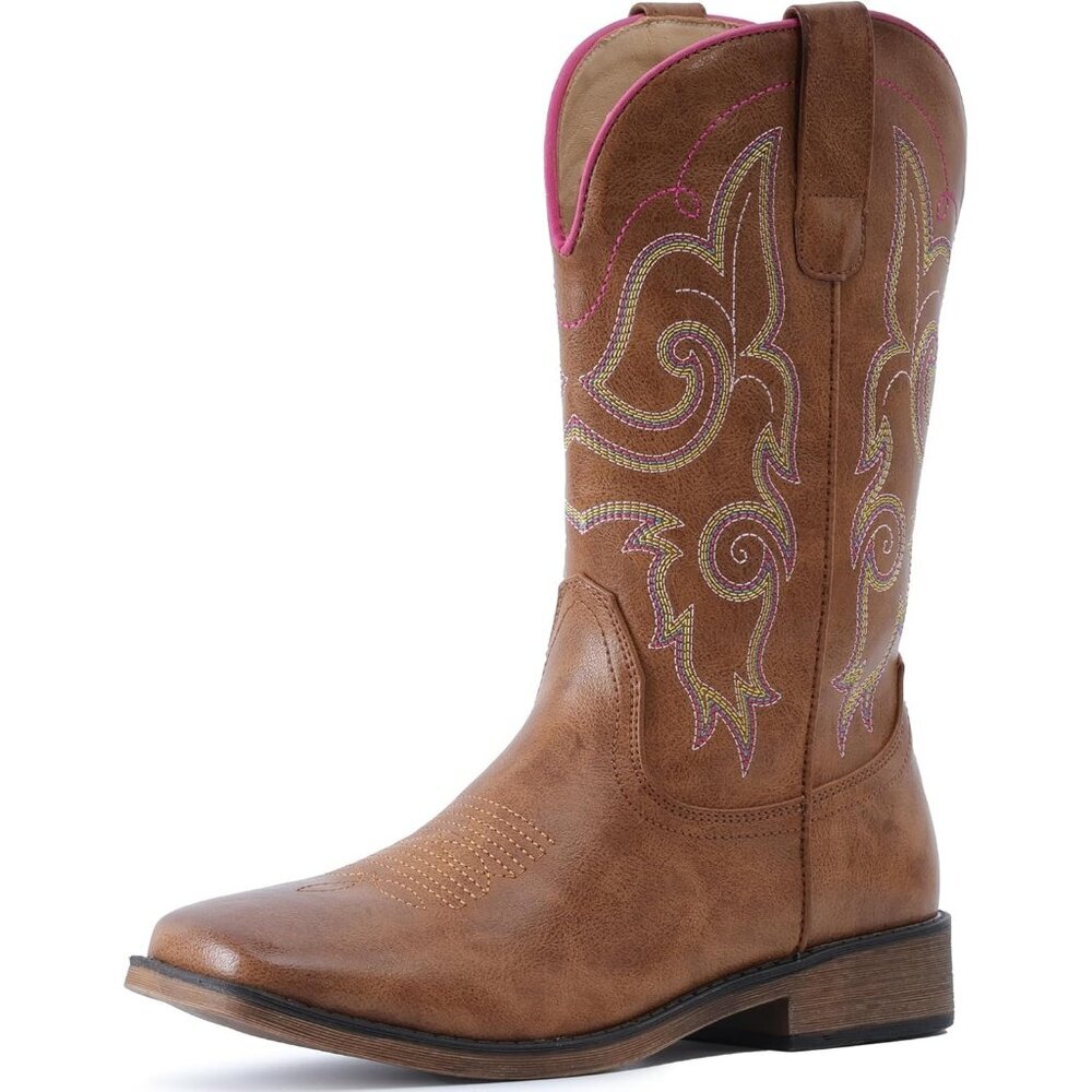 Women Light Brown Square Toe Western Mid Calf Embroidered Cowgirl Pull On Boots